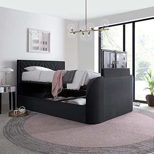 happybeds Sherlock Grey Velvet Ottoman TV Bed, 5ft King, TV Lift | 5ft King, Velvet Ottoman TV Bed, Gas-Lift Storage, Grey, Velvet Upholstery, TV Lift Mechanism, Remote Control, 150 x 200 cm
