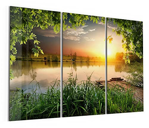 DEQORI Glasbilder Acrylglas | Motiv Ruhender See am Abend | horizontal 3-teilig 150x100 cm | große XXL Deko | Wandbilder für Wohnzimmer, Schlafzimmer, Flur & Küche | moderne Wanddeko