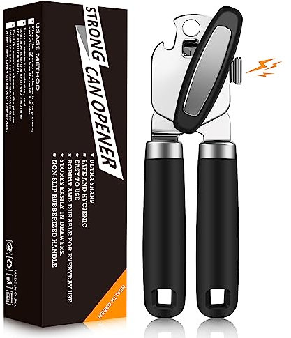 OGIMA Abrelatas manual, abrelatas de acero inoxidable, latas sin esfuerzo con abrelatas manual resistente, bordes lisos y agarre cómodo para el trabajo, la cocina (negro)