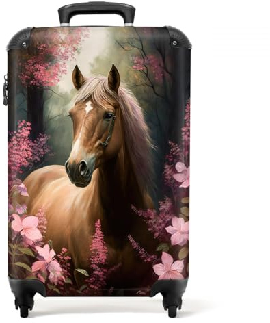 NoBoringSuitcases.com® Kinderkoffer Mädchen Reisekoffer mit Rollen Handgepäck Koffer Pferd - Rosa Blumen - Natur - Wald - 55x35x20cm