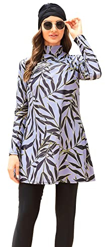 IWEMEK Damen Burkini Muslimische Badeanzug Ganzkörper Bademode Langarm Badekleid + Schwimmhose + Hijab 3tlg Bescheidener Schwimmanzug Rash Guard Sonnenschutz Schwimmkleidung Grau XXL