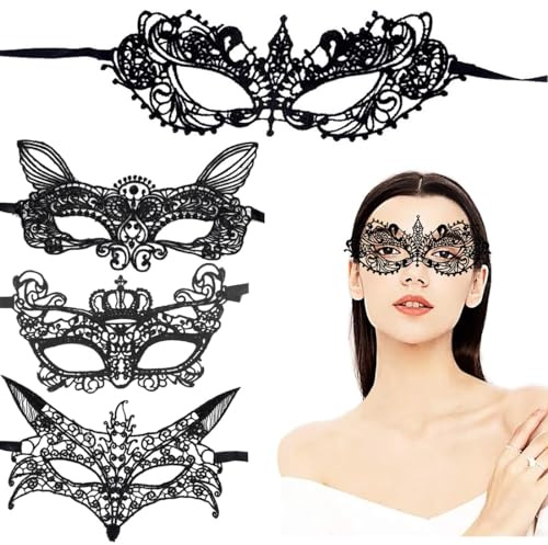 ZKSXOA 4 Stück Damen Spitze Maske, Venezianische Maske Sexy Lace Maske Schwarz Augenmaske Maskerade Maske für Halloween Karneval Party Kostüm Ball
