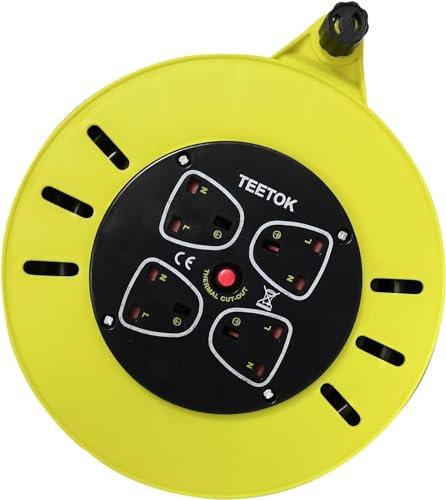Cable Extension Lead 10m, 4 Socket Easy-Wind Cassette Reel 13A Extension Cable with Thermal Safety Cut-Out Hi-Visibility Cable, Yellow