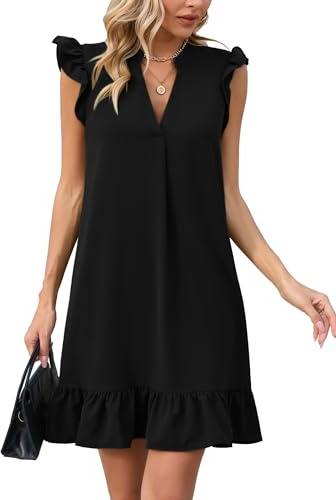 Famulily Knee Length Dresses for Women V Neck Ruffle Short Sleeve Solid Color Dressy Work Dresses Black XL