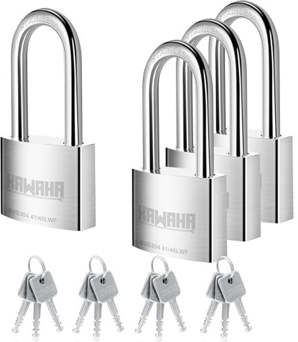 KAWAHA 41/40L-4PS 40 mm (1-9/16 pouce) Cadenas haute sécurité à anse longue en acier inoxydable avec clé en acier inoxydable pour usage intérieur et extérieur (Robuste, Anti-rouille) (40 mm, clé