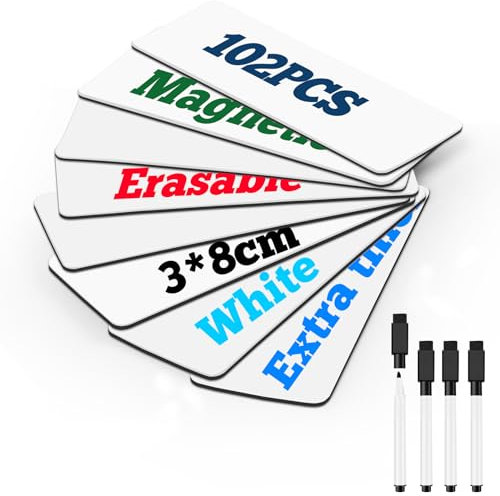 Magnetstreifen Beschreibbar (80 x 30 mm) | 102 Stück + 4 Magnetische Whiteboard Marker | Magnetschilder zum Beschriften für Kanban Board, Whiteboard & Tafel, Gefrieretiketten, Lehrerbedarf | Weiß
