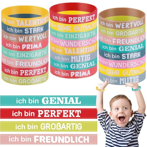 Huiguli 24 braccialetti motivazionali in tedesco, 20,2 cm, con frasi ispiratrici, braccialetti in silicone, motivazionali, idea regalo per colleghi, adolescenti e bambini