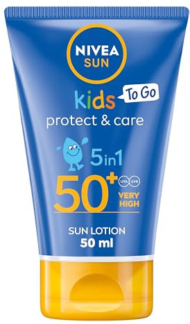 NIVEA Sun Kids Protect & Care To Go SPF 50+ Lotion (50ml), Moisturising Kids Sun Cream Immediately Protects Delicate Skin Against Sunburn and Long-Term UV Damage, Fast-Absorbing No White Cast Formula
