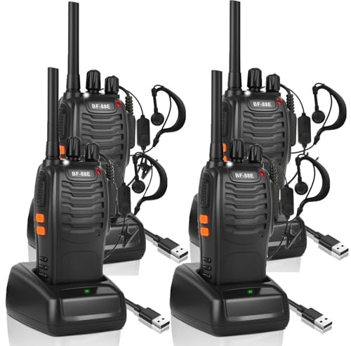 JUAUO Professionelles Walkie Talkie für Erwachsene, Wiederaufladbarer Walkie-Talkies 16 Kanäle PMR446 Zwei-Wege-Funkgeräte mit Headset und USB-Ladestation für Camping, Wandern (Schwarz, 2 Paar)