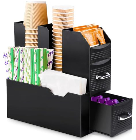 BAKAJI Boîte à capsules Coffee Station professionnelle 11 compartiments peu encombrants, porte-capsules haut avec séparateurs en plastique noir, coin bar café avec commode, organisateur