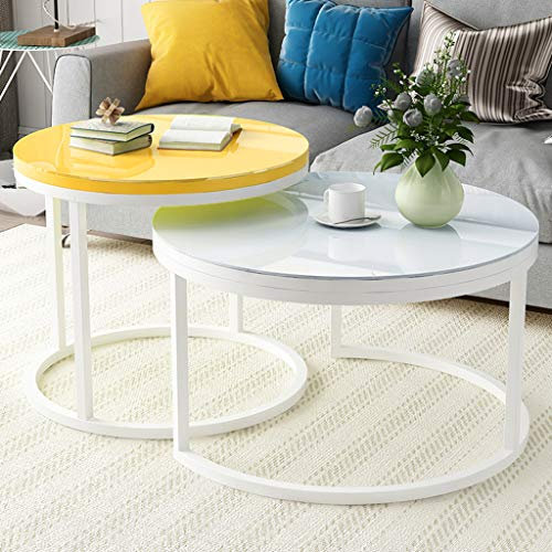MPFYRCOJ Moderne runde Couchtische, Satztische für Zuhause und Büro, Wohnzimmer, Lobby, Rezeption, Metallrahmen aus gehärtetem Glas, Klein (Gelb) + Groß (Weiß)