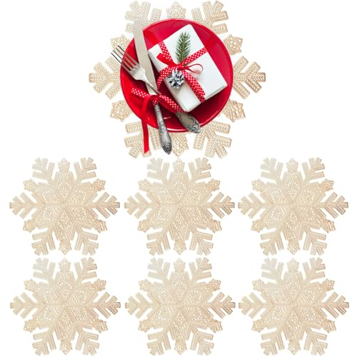6 Stück Platzdeckchen Weihnachten, PVC Platzset Tischmatte Schneeflocke Hohles Tischset für Weihnachten, Geburtstag, Hochzeit Bankett Waschbar Wärmedämmung Platz-Matten (Round-Gold)