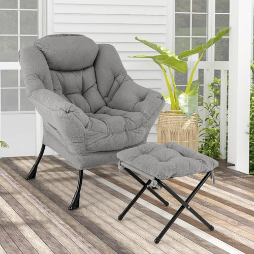 RELAX4LIFE Fauteuil de Bureau avec Repose-Pied Scandinave en Sherpa avec Appui-tête-Poche Latérale-Patins Antidérapants, Confortable pour Salon Chambre, Gris