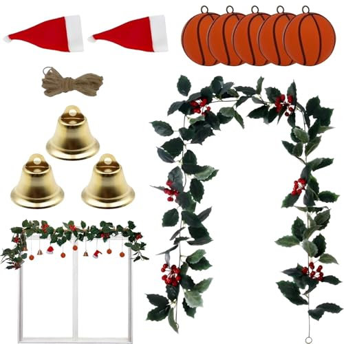 Weihnachtsgirlande, künstliches Weihnachtsgrün | Künstliche Winterkränze mit Weihnachtsmütze, Glocken, Kugeln, Ornamenten,Sportthema-Weihnachtsgirlanden-Bastelset, Bauernhaus-rustikaler Türkranz-Aufhä