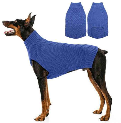 Katzinst Hunde Pullover Winter, Hund Pullover für Große Hunde, Strickwaren Pulli Hund, Dickes Material Hundepullover für Winter, Hundepullover-Dobermann, Denim-Blau, 2XL