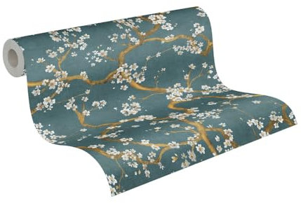 Livingwalls Hot Spots carta da parati in tessuto non tessuto Floral 10,05 m x 0,53 m - blu, oro, crema, petrolio, metallizzato - carta da parati strutturata - 781994