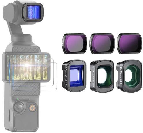 NEEWER Kit de filtres ND(ND8,ND32,ND256) avec Objectif Grand Angle 0,75x,Objectif Macro 2X,Objectif anamorphique Bleu 1,2X compatibles avec DJI Osmo Pocket 4 3 Xtra Muse Creator Combo, FL-B27