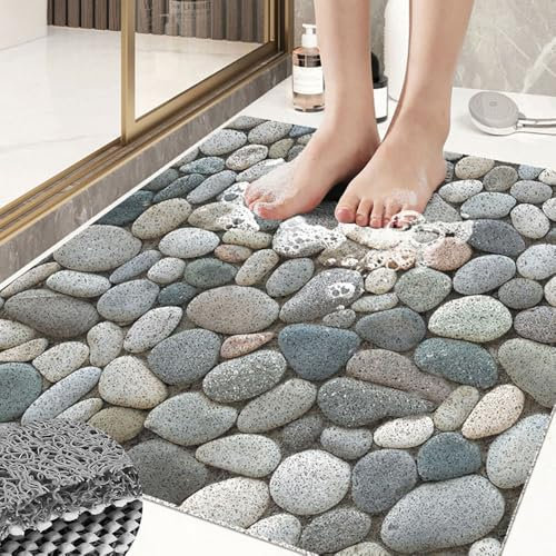 Surwin Tappetino da Doccia Antiscivolo, Modelli di Piastrelle Tappetino da Bagno in Luffa PVC Morbida Tappeto Antiscivolo con Scarico Lavabile Asciugatura Rapida Doccia (Pietra,60x90cm)