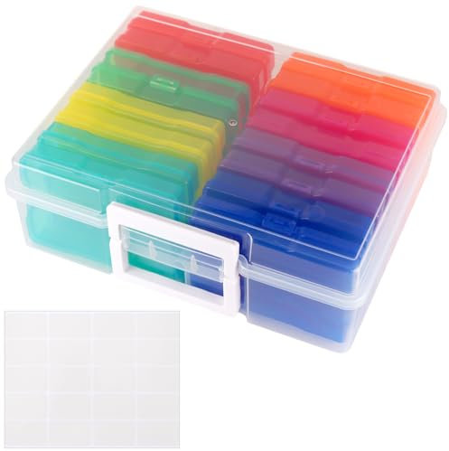 JIEHIN Scatola Portafoto 38 x 30 x 13 cm, 16 Portafoto interni colorati, Organizer Foto con Manico, Scatola Portaoggetti Plastica per Semi, Cartoline, Artigianato, Adesivi, Trasparente