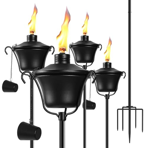 MQKIWAO 4 Pack Outdoor Garden Torch, 15 oz Outdoor Citronella Torches, 58 Inch 5-Prong Grounded Stake Torches, Metal Torches with Fiberglass Wick for Yard, Patio, Deck, Garden, Party, Landscape