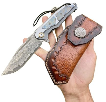 Obespina Couteau Pliant Poche Damas luxe Framelock Style Japonais lame Acier 67 Couches VG10 Tranchante Manche Titane Etui cuir Collection Cadeau Homme forge artisanat chasse edc camping robuste
