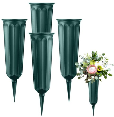 4Pcs Grave Vases with Spikes - Memorial Grave Flower Pots Green Strong Plastic Flower Holders Cemetery Ornaments Fresh or Artificial Flowers Vases for Headstone Graveside