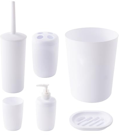 The Cleaning Expert 6 Piece Bathroom Accessory Set - Modern Bathroom Set with Bin, Soap Dispenser, Soap Dish, Tumbler, Toilet Brush Holder & Toothbrush Holder - Grey or White (White)