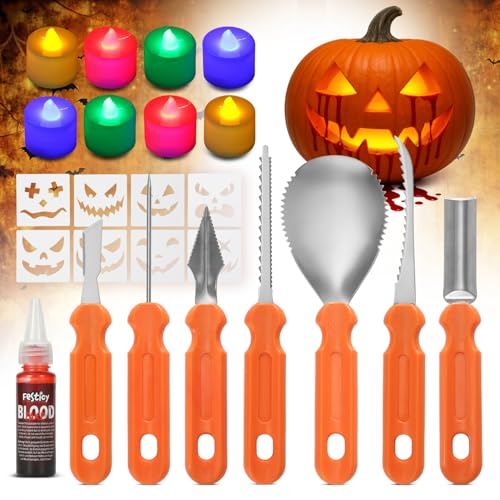 Festicy Halloween Kürbis Schnitzset mit 8 LED Kerzen, 7 Schnitzwerkzeuge | Für kreativen Halloween Deko Kürbis, Kürbis Aushöhlen für Groß und Klein, mit 25 ml Kunstblut, 8 Schablonen