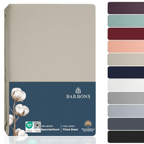 BARBONS Spannbettlaken 180x200cm - 100% Baumwolle Spannbetttuch Sand | Oeko-TEX Zertifiziert - Bettbezug - Bettlaken - Jersey - für Boxspringbett und Dicke Matratzen bis 27 cm