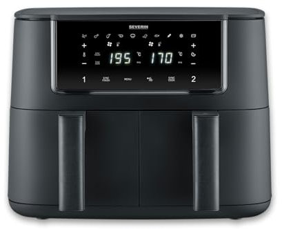 Severin Heißluftfritteuse Dual Zone, 2x4L Fächer, vielseitige Zubereitung, Touch-Display, Warmhaltefunktion, Temperatureinstellung synchronisierbar, 10 Programme, 2600W, Black Line, schwarz, FR 2463
