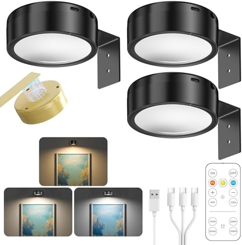 3 Stück Bildbeleuchtung Kabellos, Aufladbar Bilderleuchte Kabellos mit Fernbedienung 3 Lichtfarben Dimmbar, Magnetisches Bild Licht Bilderrahmen Licht Bilderlampe für Wand Regal Bilder (Schwarz)