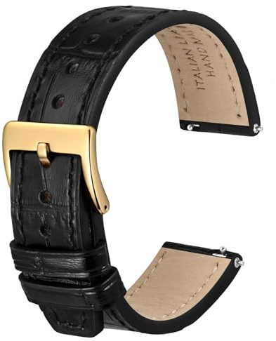 ANBEER 20mm Italiano Alligator Grain Embossed Pattern Cinturino in pelle, Quick Release Calfskin sostituzione Watch Band per gli uomini le donne,Nero con fibbia oro