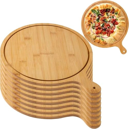 Set di 8 piatti rotondi per pizza in legno, per tagliare, servire, vassoio leggero in bambù con manico
