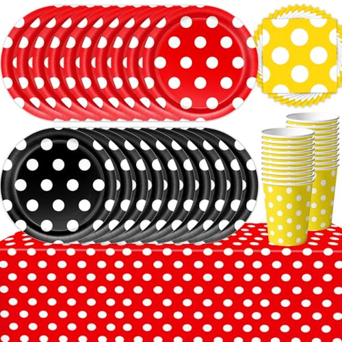 61 piezas de vajilla de fiesta Wave Point, set de decoración para fiestas temáticas de dibujos animados, decoración de fiesta Wave Point, platos negros y rojos, servilletas de papel amarillas, vasos