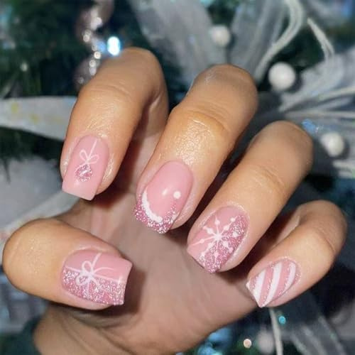Nymora 24 Ongles Press On Noël Hiver, Ongles Faux Français Carrés Paillettes Rose, Ongles Acryliques Full Cover à Coller, Ongles Artificiels