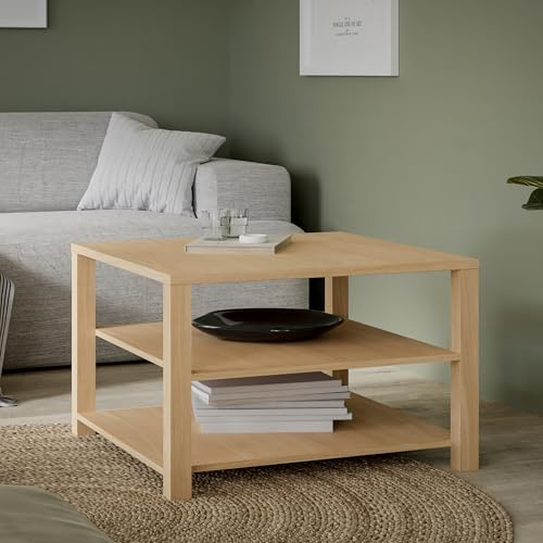 Forte CALASETTA Couchtisch 70, Boho Sofatisch mit Ablageflächen, Holzwerkstoff, Elegancia Eiche Holzdekor, 70 cm breit x 50 cm hoch x 70 cm tief