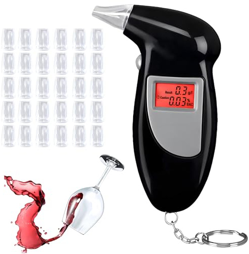 Breathalyzer, Alcohol Tester with 30 Mouthpieces Portable, High Accuracy Alcohol Detector Auto Power Off with LCD Display Digital Fast for Personal & Professional Use