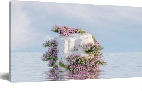 TIGTMULERLY Wall Art Frame Gallery Wall Decor Natural beauty podium backdrop stone and wild flower the water Modern Canvas Prints Artwork for Living Room Bedroom Office Kitchen 48x24Inch