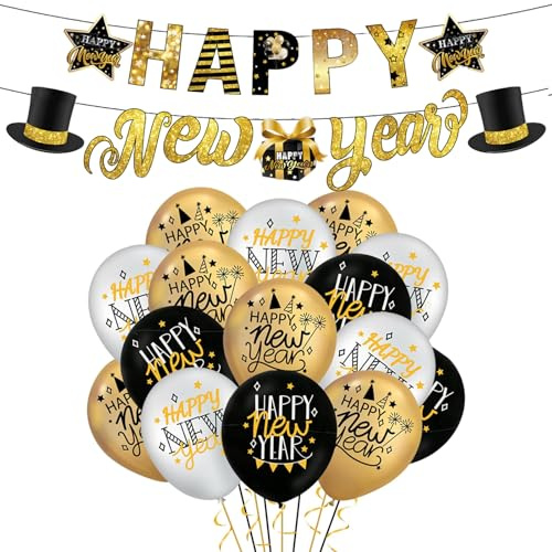 ALEGRE® Silvester Deko 2026, Happy New Year Ballons Schwarz Gold, 19 Stück Silvesterdeko Set mit Happy New Year Girlande und Silvester Ballons, Neujahr Deko Helium Ballon für 2026 Sylvester Party Deko