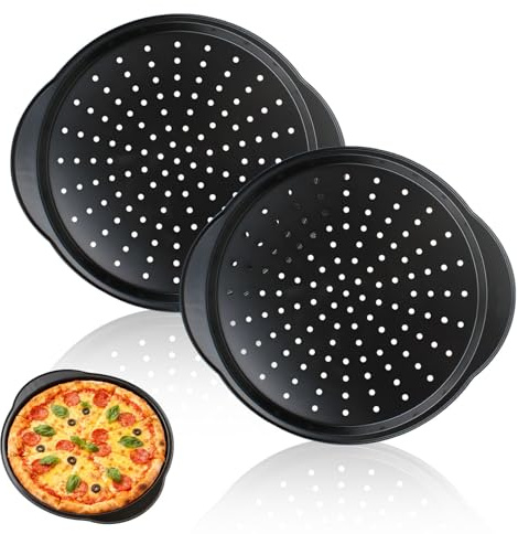 GANILITY 14 Inch Pizza Tray, 2 Pieces Dishwasher Safe Pizza Trays for Oven, Carbon Steel Round Pizzas Pan with Handle, Carbon Steel Pizzas Pans with Holes, for Cooking, Baking, Roasting (Black)