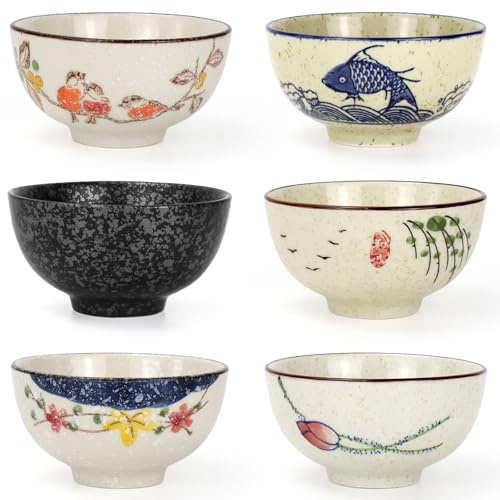 ASMIZ 6 Pack Small Ceramic Bowls, 300ml Japanese Rice Bowls Set, 12cm Hand-Painted Oriental Snack Bowl for Tapas, Dips, Nibbles, Ice Cream & Desserts, Microwave Safe Tableware