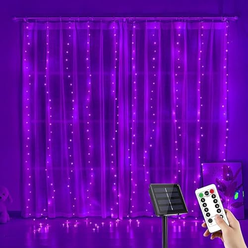 YUANYUYING Solar-Lichterkette, 3 m x 1 m, 100 LEDs, Wasserfall-Effekt, Fernbedienung & Timer, 8 Modi, kürzbar, IP65 wasserdicht, für Garten, Pavillon, Hochzeit und Partydekoration (Lila)