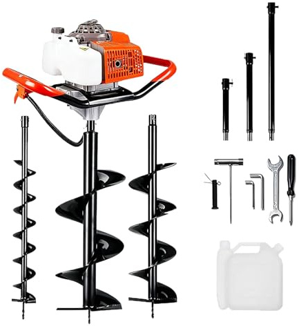 Gas Powered Post Hole Digger 63CC, Earth Auger with 4 8 12 Auger Bits and 3 Extension Poles, 2-Stroke Power Ground Drill for Fence Posts and Tree Planting
