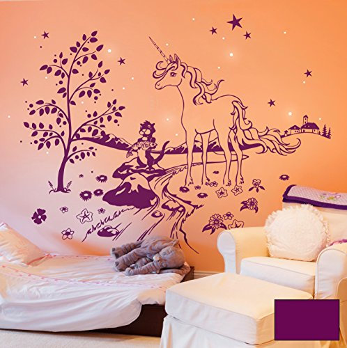 Wandtattoo Wandaufkleber Einhorn Einhörner mit Zauberbaum, Freund Biber Bruno und Leuchtsticker Punkten M1616 - ausgewählte Farbe: *Lila* - ausgewählte Größe: *M - 80cm breit x 60cm hoch*