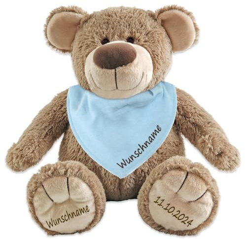 Elefantasie Geschenkset Teddybär mit Halstuch Stofftier Teddy und Baby Dreieckstuch im Set mit Namen personalisiert Verschiedene Ausführungen (Hellblau)