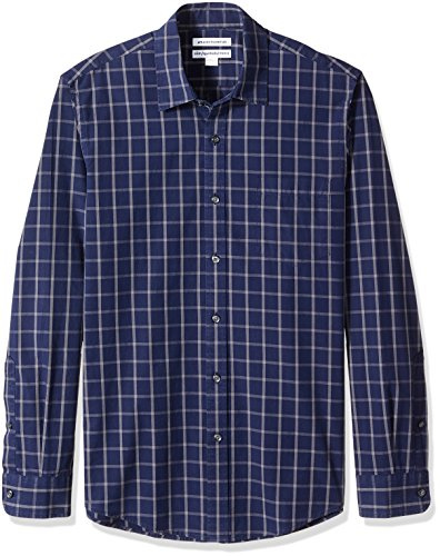 Amazon Essentials Camicia in Popeline a Maniche Lunghe Slim Uomo, Blu Marino A Quadri, M