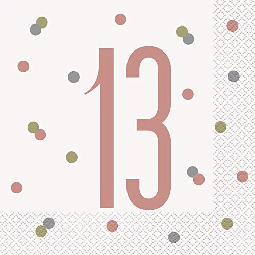 Unique Party 84878 Glittery 13 Birthday Lunch Paper Napkins-6.5 x 6.5 | Gliterry Rosegold | 16 Pcs, Rose Gold, Age