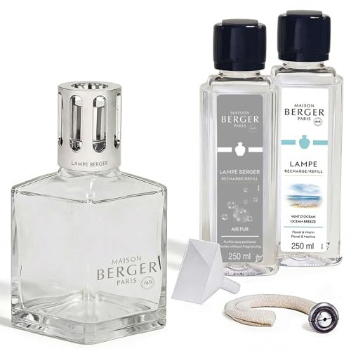 MAISON BERGER Geschenkset Lampe Berger Essentielle Carrée, 2X 250 ml | Geschenkset Katalyse-Lampe Essentielle Carrée mit 2 Nachfüllungen 250 ml: Air Pur und Frische Ozeanbrise