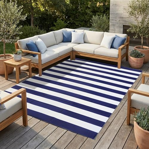 FH Home Outdoor Camping-Teppich - wasserfest, farbecht, wendbar - recycelter Premium-Kunststoff - Gestreift - Terrasse, Veranda, Wohnmobil – Brittany Stripe - Blau & Weiß - 270 x 360 faltbar
