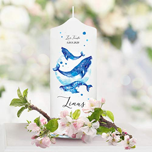 Wandtattoo Loft Patenkerze Kerze zur Taufe Walfamilie - Patenkerze Mädchen Junge Kerze weiß 18 x 7 cm mit Name und Datum